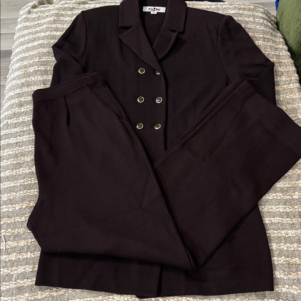 St John Dark Brown Santana Knit Women’s Double-Breasted Pants Suit Size 12